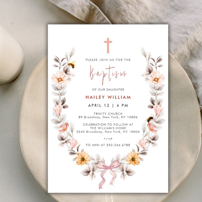 Elegant Boho Wildblume Wreath Girl Taufe Einladung (Elegant Boho Wildflower Wreath Girl Baptism Invitation)