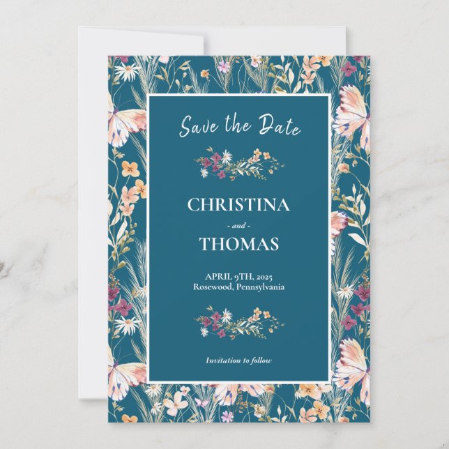 Elegant Boho Wildblumen Blau Save the Date Einladung (Vorderseite)