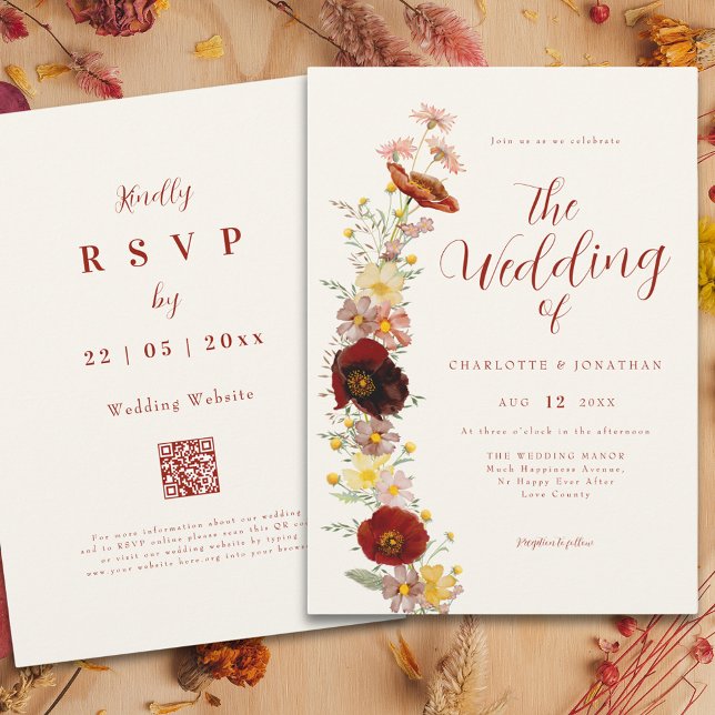 Elegant Boho Wildblumen Herbst Einladung (Elegant boho wildflower fall peach brown burnt orange wedding qr code invitation )