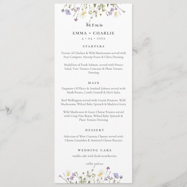 Elegant Boho Wildblumen Script Wedding Menükarte (Vorderseite)