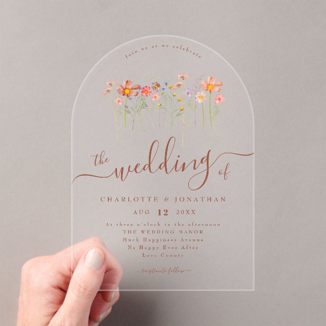 Elegant Boho Wildflower Floral Terracotta Wedding Acryleinladungen (Insitu (Handheld))
