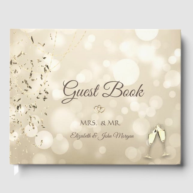 Elegant Bokeh,Confetti Wine Glasses Wedding Gästebuch (Vorderseite)