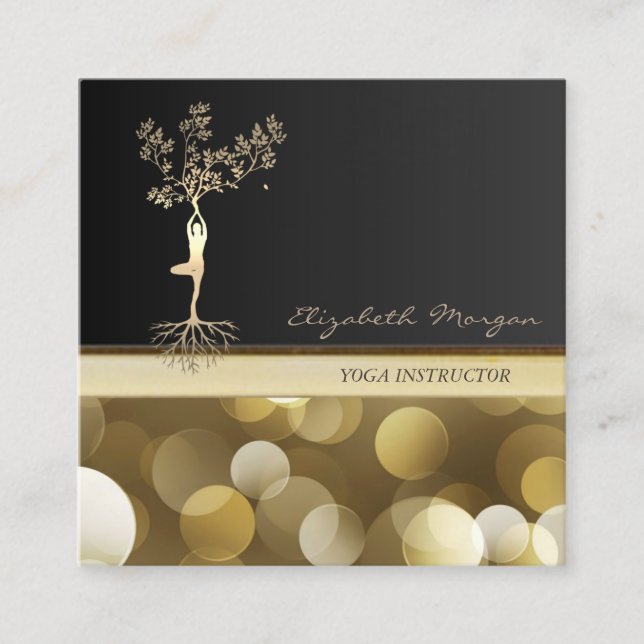 Elegant, Bokeh, Gold Tree Silhouette Quadratische Visitenkarte (Vorderseite)