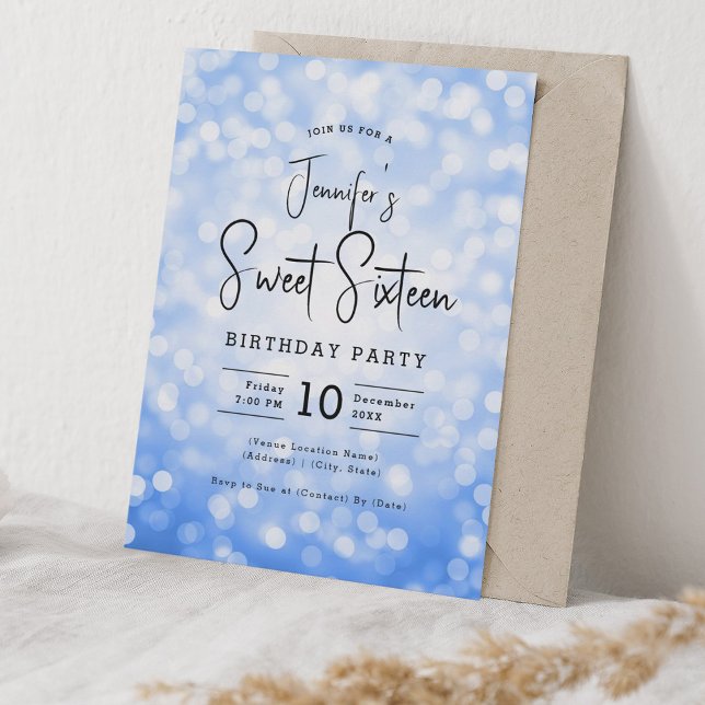 Elegant Bokeh Modernes Script Sweet 16 Navy Blue Einladung (Elegant Bokeh Modern Script Sweet 16 Navy Blue Invitation)