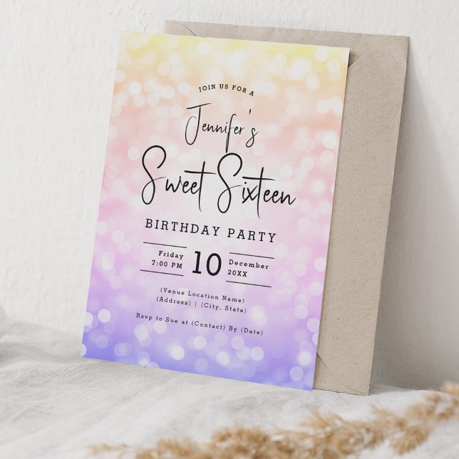 Elegant Bokeh Modernes Script Sweet 16 Ombre Rainb Einladung (Elegant Bokeh Modern Script Sweet 16 Ombre Rainbow Invitation)
