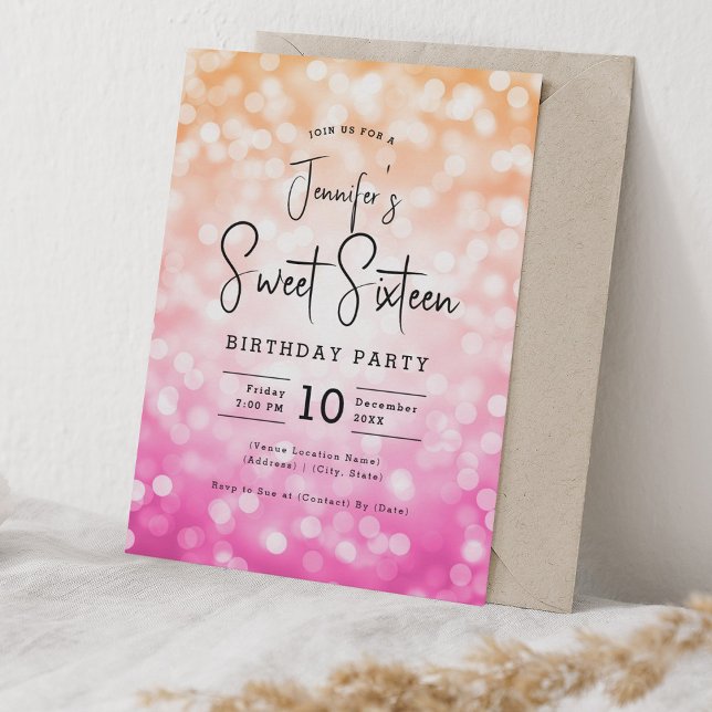 Elegant Bokeh Modernes Script Sweet 16 Pink Orange Einladung (Elegant Bokeh Modern Script Sweet 16 Pink Orange Invitation)