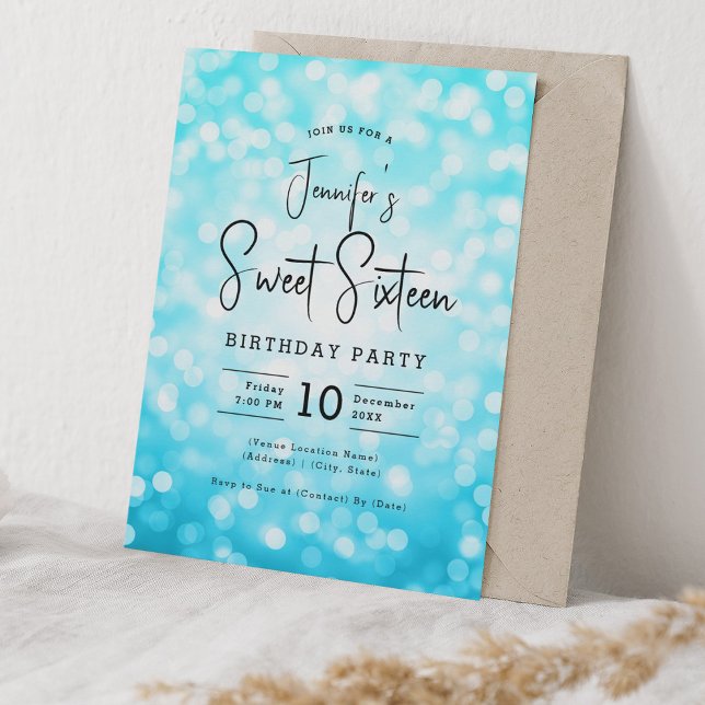Elegant Bokeh Modernes Script Sweet 16 Türkis Einladung (Elegant Bokeh Modern Script Sweet 16 Turquoise Invitation)