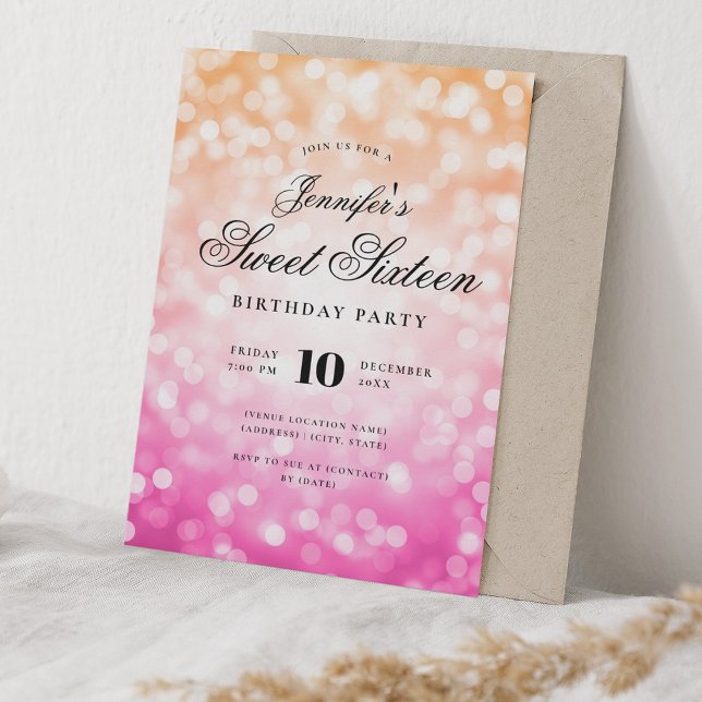 Elegant Bokeh Script Sweet 16 Party Rosa Orange Einladung (Elegant Bokeh Script Sweet 16 Party Pink Orange Invitation)