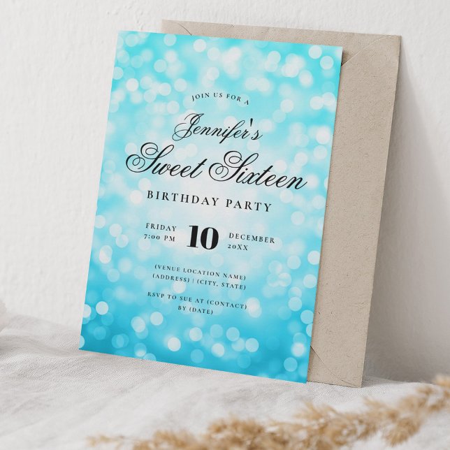 Elegant Bokeh Script Sweet 16 Party Türkis Einladung (Elegant Bokeh Script Sweet 16 Party Turquoise Invitation)