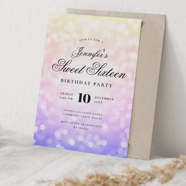 Elegant Bokeh Script Sweet 16 Rainbow Ombre Einladung (Elegant Bokeh Script Sweet 16 Rainbow Ombre Invitation)