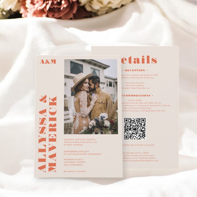 Elegant Bold boho Orange Foto Hochzeit Einladung (Elegant Bold boho orange photo wedding Invitation)