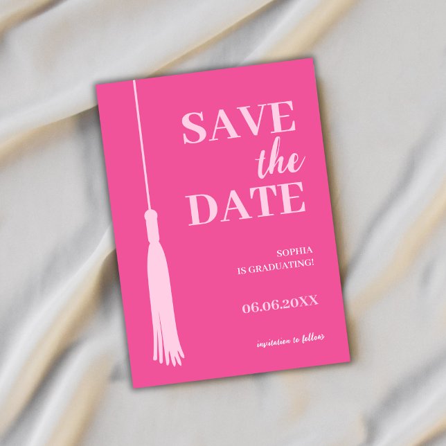 Elegant Bold Pink Grad Tassel Abschluss Save The Date (graduation save the date card grad tassel elegant minimalist simple bold pink class of 2024)