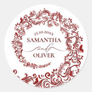 Elegant Bold Red Damask Wedding Runder Aufkleber