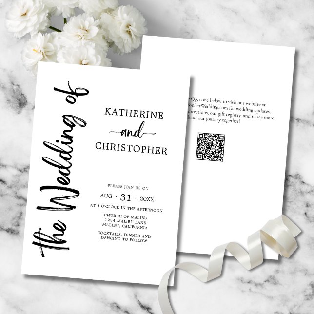 Elegant Bold Script Schwarz-weiß Formal Wedding Einladung (Elegant  Bold Black & White Script Wedding Invitation with Vertical Calligraphy, QR Code.)