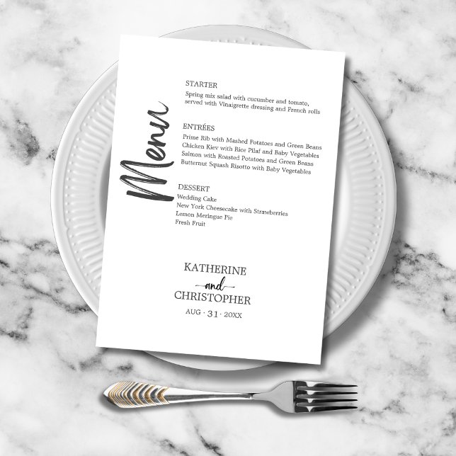 Elegant Bold Script Schwarz-weiß Formal Wedding Menükarte (Bold Black and White Vertical Script Wedding Menu with Menu Choices for each course.)