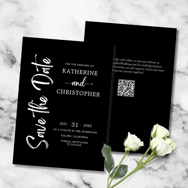 Elegant Bold Script Schwarz-weiß Formal Wedding Save The Date (Black and White Formal Save the Date Card with Elegant Vertical Script, QR Code, Website.)