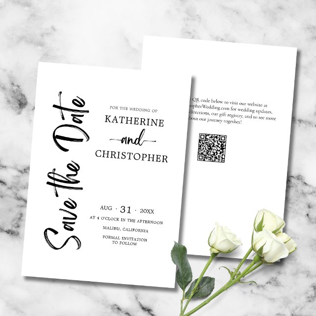 Elegant Bold Script Schwarz-weiß Formal Wedding Save The Date (Black and White Wedding Save the Date with Bold Vertical Script, QR Code, Wedding Website.)