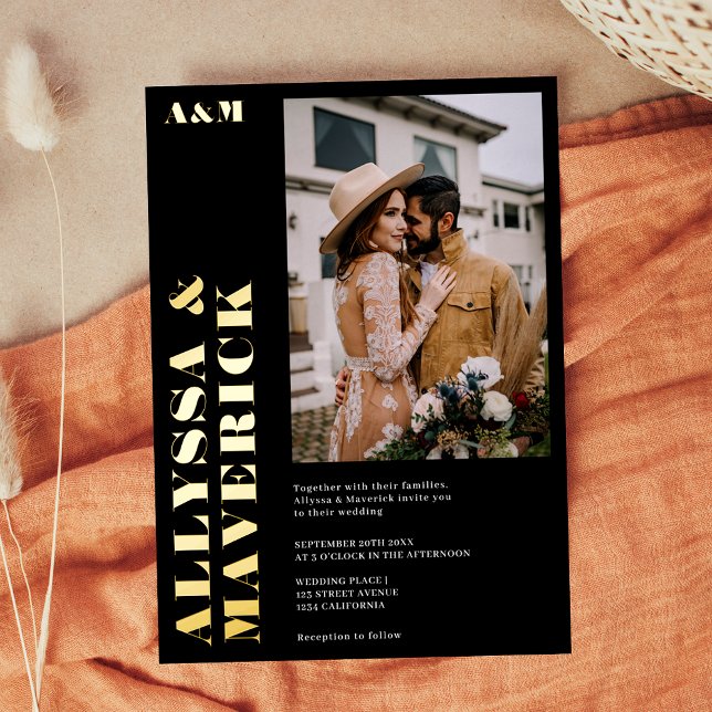 Elegant Bold simple black photo wedding Folieneinladung (Elegant Bold simple black photo wedding Foil Invitation)