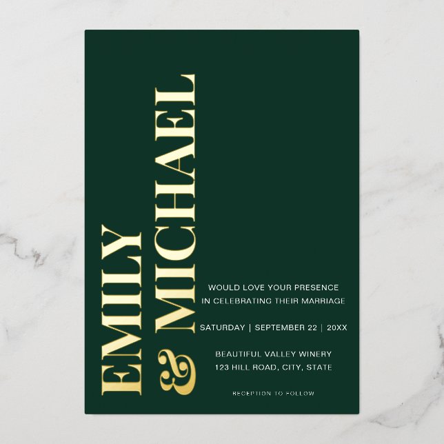 Elegant Bold Typografy Emerald Minimal Wedding Folieneinladung (Vorderseite)