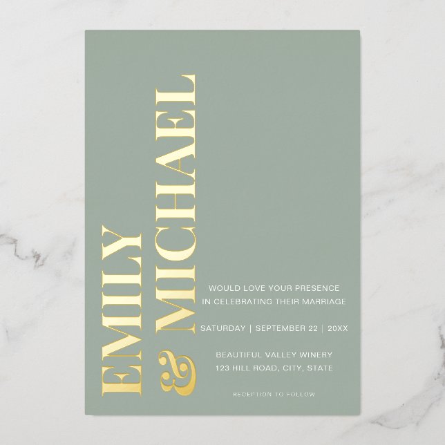 Elegant Bold Typografy Sage Green Minimal Wedding Folieneinladung (Vorderseite)