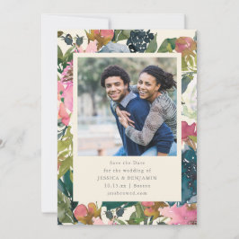 Elegant Bold Watercolor Floral Photo Wedding Save The Date