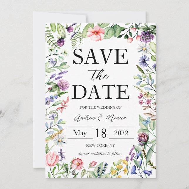 Elegant Bold Wildblumen Sage Green Wedding Save The Date (Vorderseite)