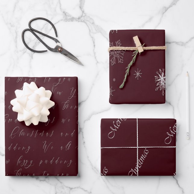 Elegant Bordeaux Red Script Christmas Geschenkpapier Set (Vorderseite)