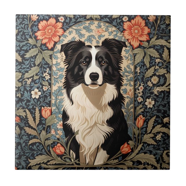 Elegant Border Collie William Morris Inspiriert Fliese (Vorderseite)