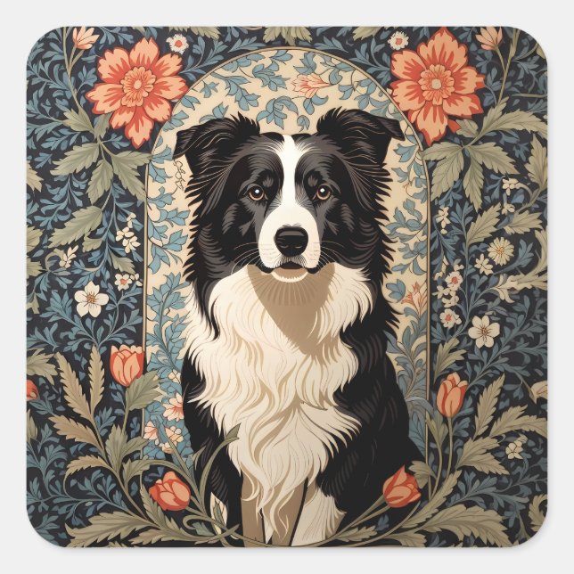Elegant Border Collie William Morris Inspiriert Quadratischer Aufkleber (Vorderseite)