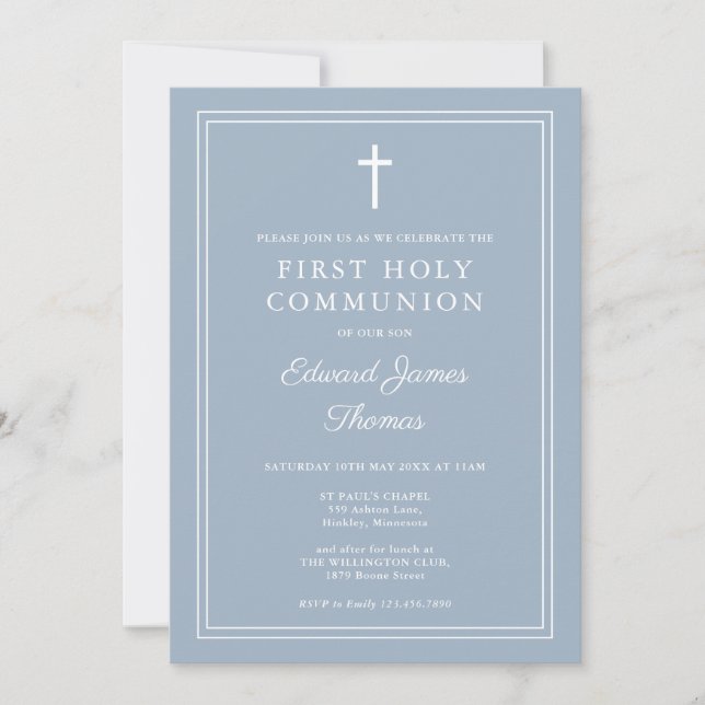 Elegant Border Dusty Blue First Holy Communion Einladung (Vorderseite)