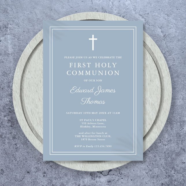 Elegant Border Dusty Blue First Holy Communion Einladung (Elegant Border Dusty Blue First Holy Communion Invitation)
