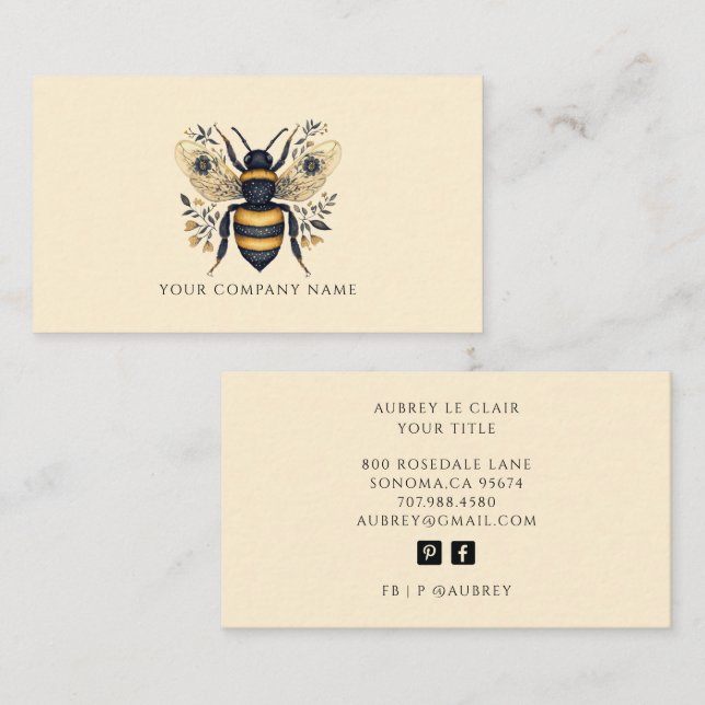 Elegant Botanical Bee Logo Template Visitenkarte (Vorne/Hinten)