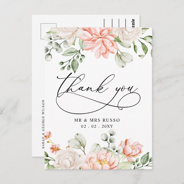 Elegant Botanical Blush Pink Floral Thank You Postkarte (Vorne/Hinten)