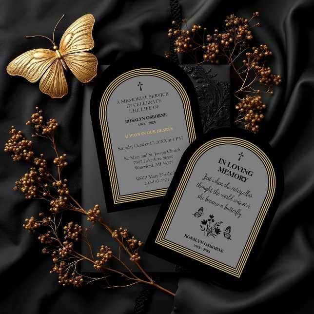 Elegant Botanical Butterflies Motivational Quote Einladung (Funeral Invitation with Motivational Quote and Elegant Botanical Butterfly Design.)