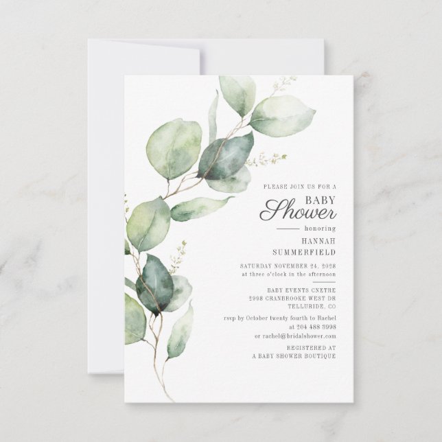 Elegant Botanical Eucalyptus Greenery Baby Shower Einladung (Vorderseite)