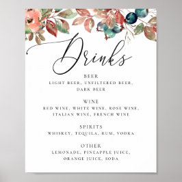 Elegant Botanical Fall Wedding | Bar Drinks Menu Poster