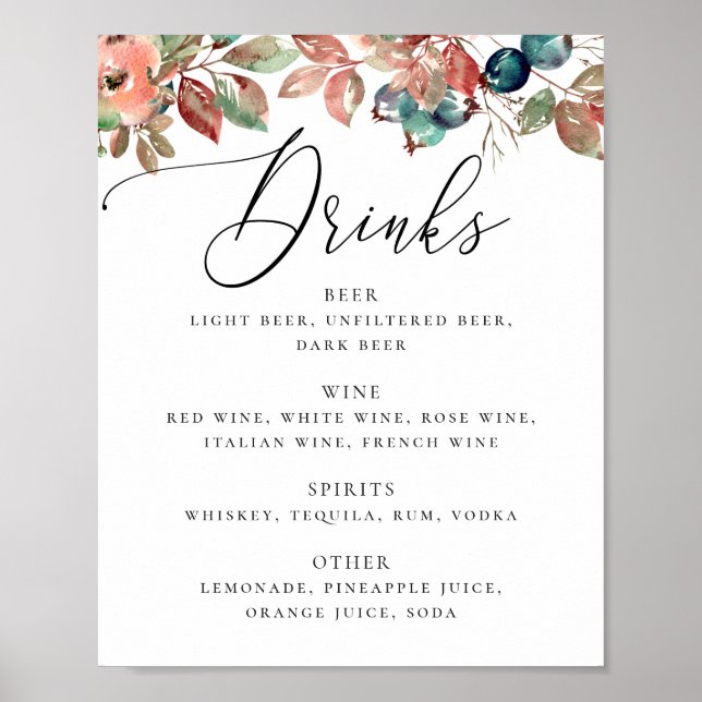 Elegant Botanical Fall Wedding | Bar Drinks Menu Poster (Vorne)