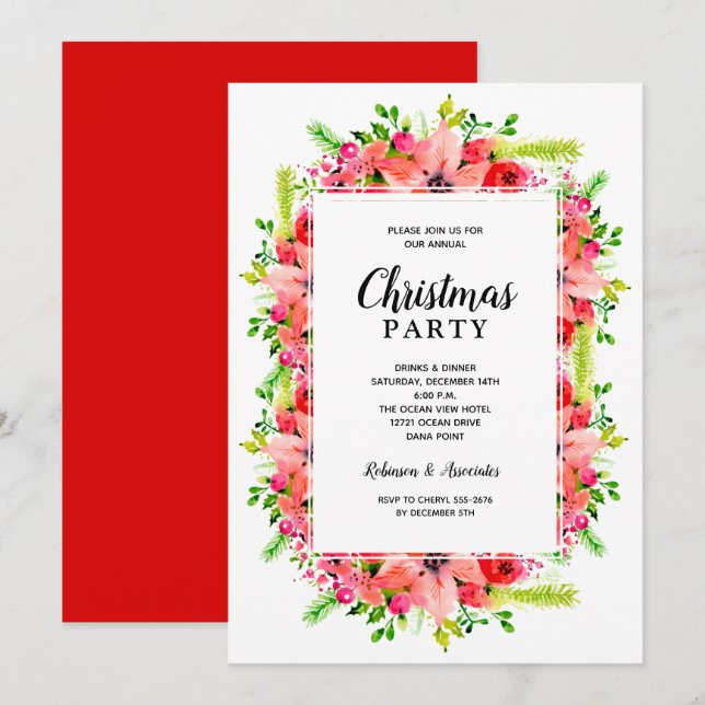 Elegant Botanical Floral Christmas Party Einladung (Vorne/Hinten)