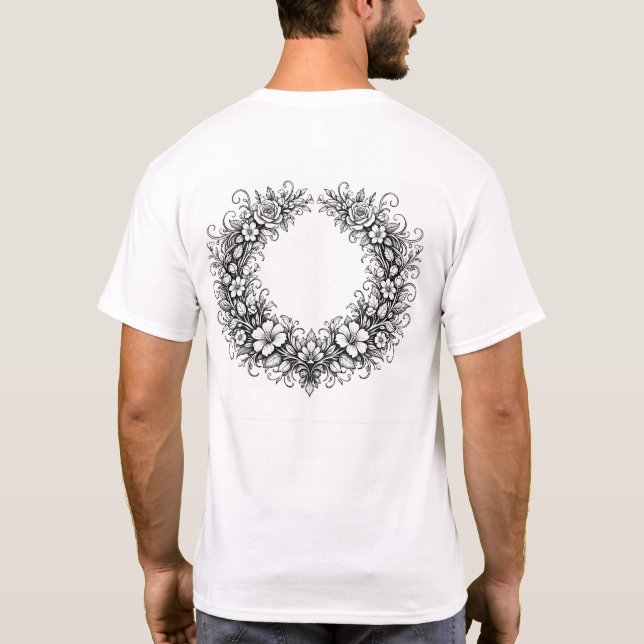 Elegant Botanical Floral Wreath Line Art T-Shirt (Rückseite)