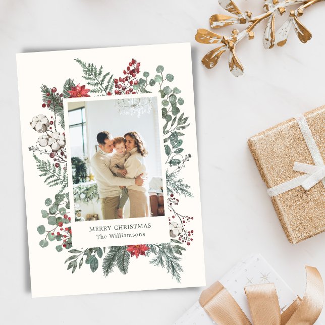 Elegant Botanical Greenery Christmas Photo Feiertagskarte (Von Creator hochgeladen)
