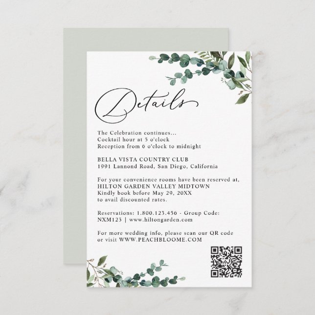 Elegant Botanical Greenery QR Code Wedding Details Begleitkarte (Vorne/Hinten)