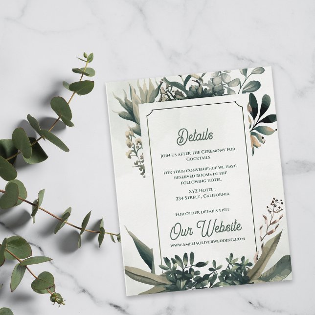 Elegant Botanical Greenery Wedding Details Begleitkarte (Elegant Botanical Greenery Wedding Details Card | Sage Green Garden Wedding Enclosure)