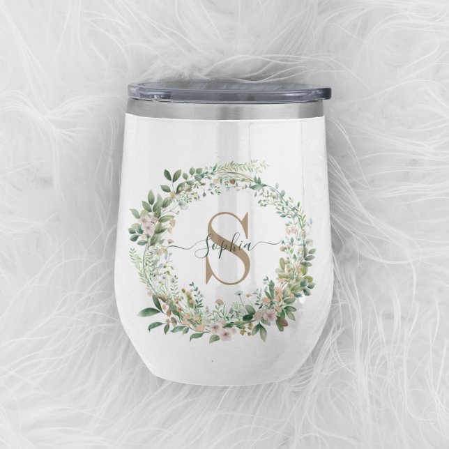 Elegant Botanical Monogram Wine Tumbler with Name (Von Creator hochgeladen)