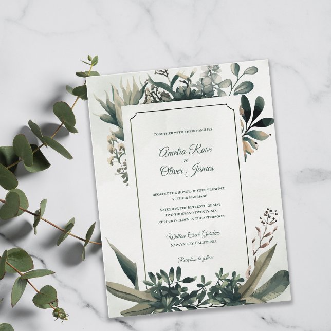 Elegant Botanical Sage Green Greenery Wedding Einladungspostkarte (Elegant Botanical Greenery Wedding Invitation | Sage Green Frame Garden Wedding Invite)
