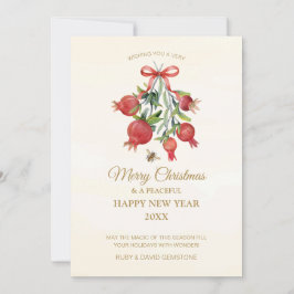 Elegant Botanical Watercolor Pomegranates Red Bow Feiertagskarte
