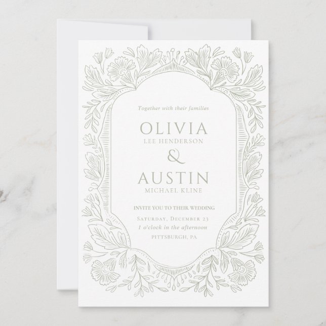 Elegant Botanical Wedding | Heirloom Sage Invite Einladung (Vorderseite)