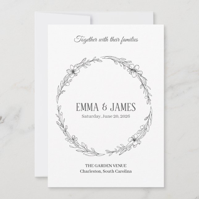 Elegant Botanical Wreath Minimalist Wedding Invita Einladung (Vorderseite)