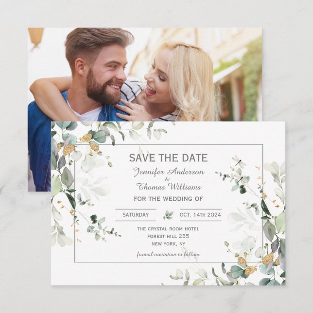 Elegant Botanische Eukalyptus-Grüne Save The Date (Vorne/Hinten)