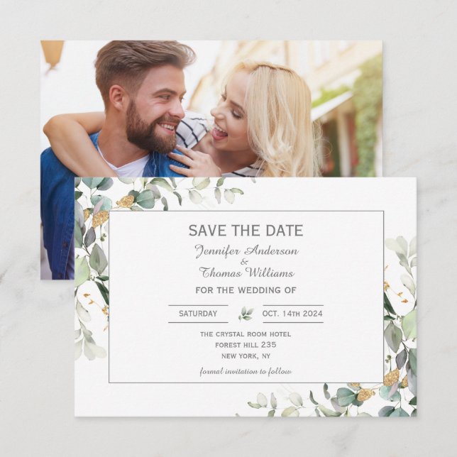 Elegant Botanische Eukalyptus-Grüne Save The Date (Vorne/Hinten)