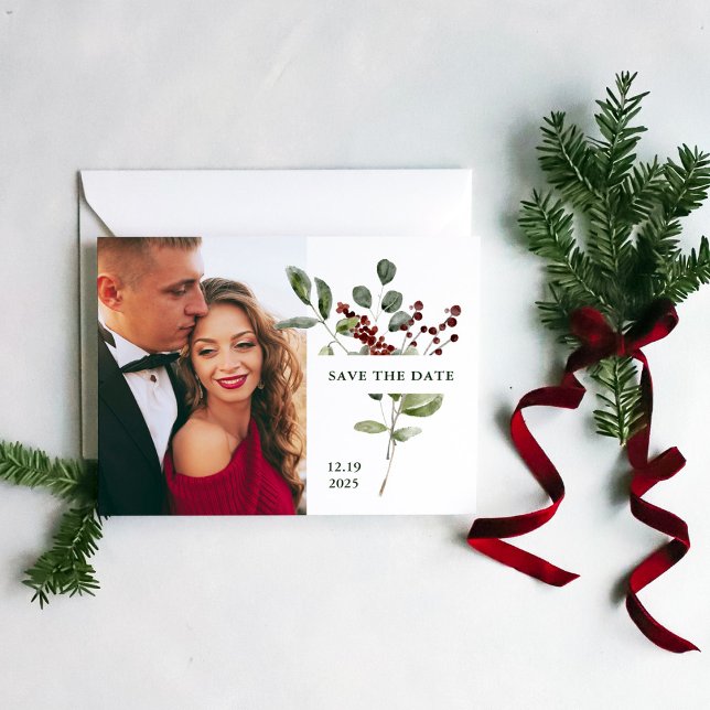 Elegant Bouquet | Urlaub Save the Date mit Foto Postkarte (A simple and minimalist Christmas holiday wedding save the date with your photo)